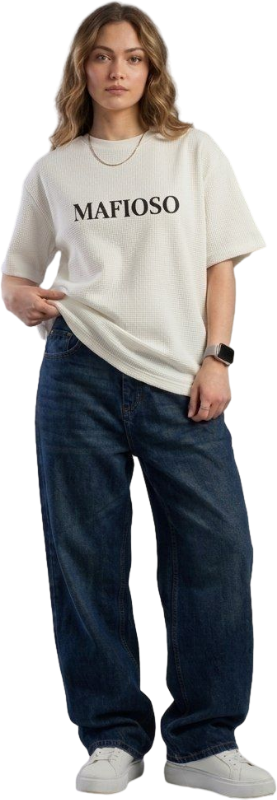 Person wearing a white t-shirt with 'MAFIOSO' text and blue jeans on a white background