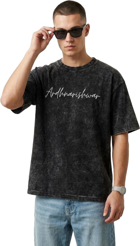 Man wearing a black t-shirt with text and sunglasses, standing against a white background