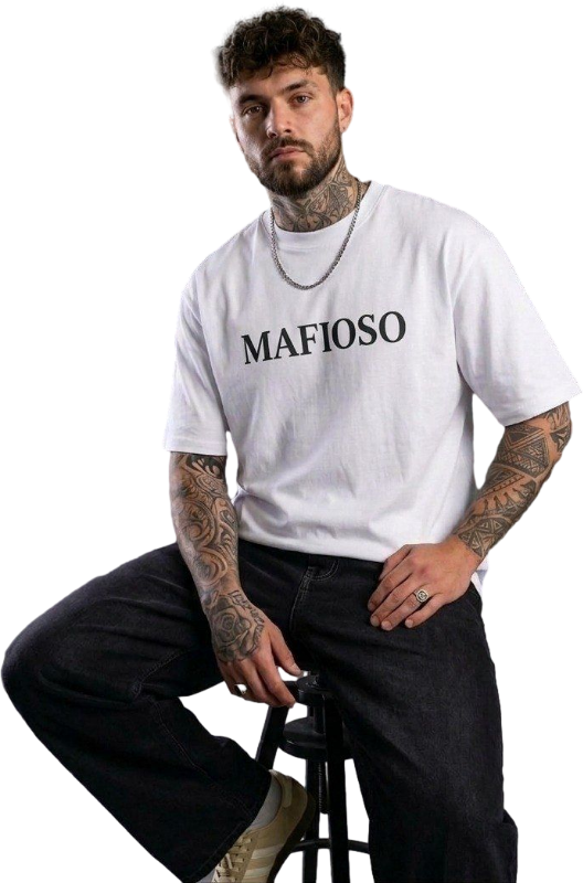 Man wearing a white t-shirt with 'MAFIOSO' text, sitting on a stool against a transparent background