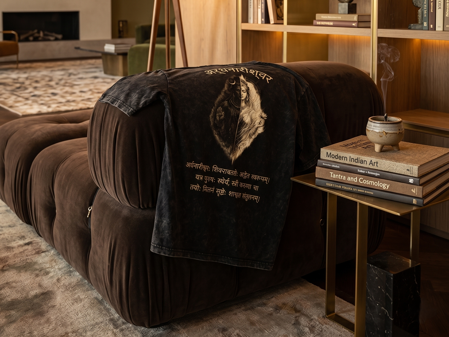 Brown sofa with a black oversize t-shirt featuring a Ardhnarishwar design, in a living room setting.