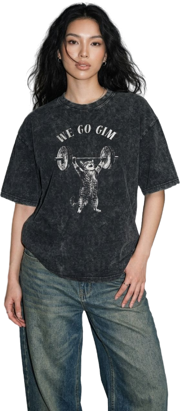 Person wearing a black t-shirt with 'We Go Gym' graphic design on a plain background