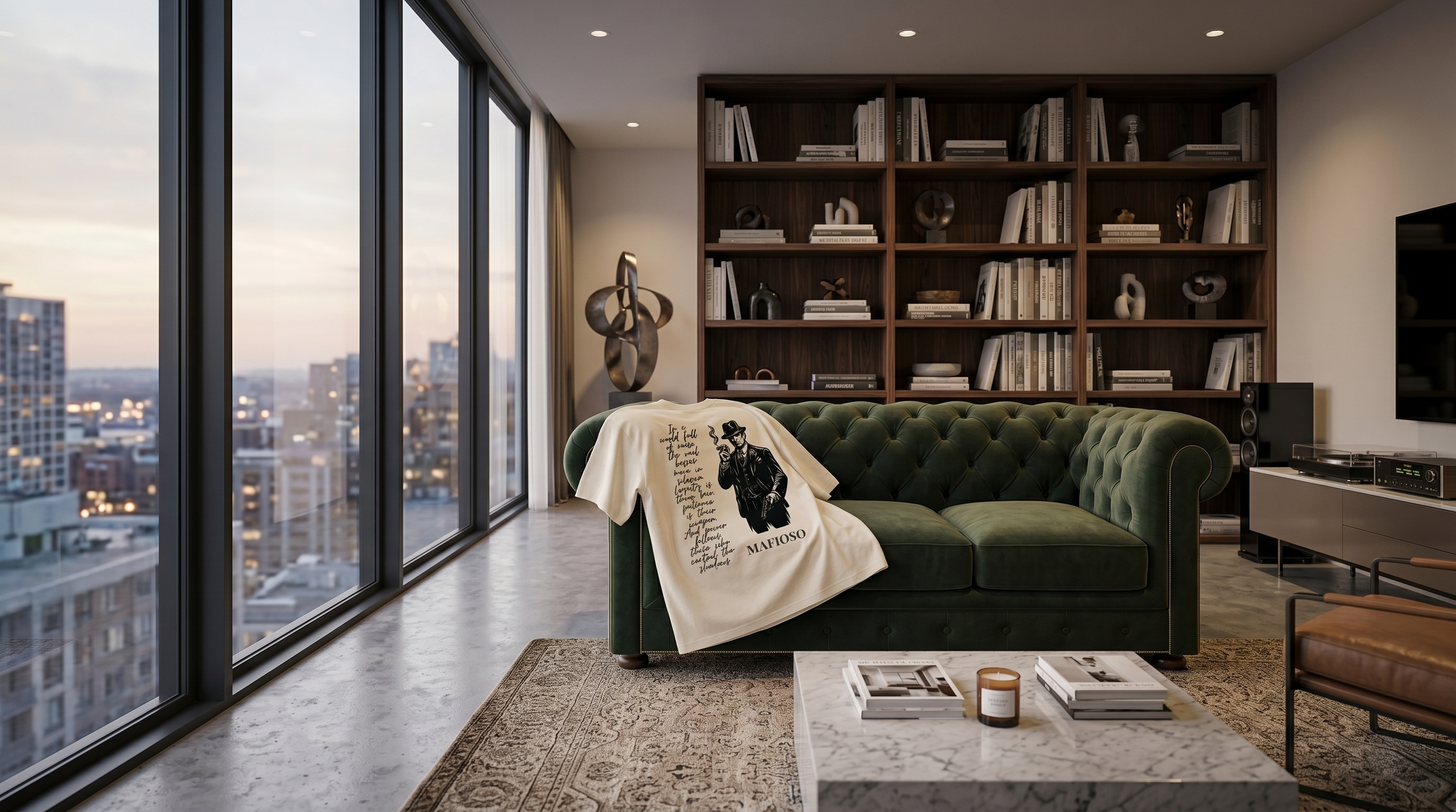 Modern living room with green sofa, bookshelf, and cityscape view.